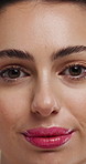 Face, woman and eyes with makeup for beauty, laminated eyebrows and natural glow. Closeup, portrait and female person with cosmetics for lash extension, facial makeover and aesthetic with smooth skin