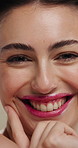 Beauty, laughing and touching with woman in studio for cosmetics or dermatology benefits. Funny, makeup and skincare with happy person feeling smooth skin for results, satisfaction or wellness