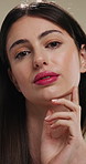 Face, makeup and woman with pride for beauty cosmetics or skincare on a studio background. Portrait, female person or texture with lip gloss, glow up or shine for spa, salon or facial treatment