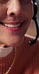 Mouth, woman and smile with mic at call center for customer service, online query and advice. Happy, mature person and headset for consultation, client support and crm representative with assistance
