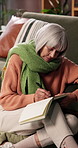 Couch, thinking or senior woman with notebook for writing, mental health practice or gratitude journal. Idea, introspection or old person with diary for daily appreciation entry, mindfulness or home