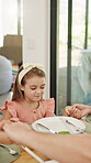 Praying, food and holding hands with child in home for connection, religion and support. Faith, gratitude and worship with people in dining room of family house for grace, blessing and love