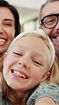 Face, child and selfie with parents at house for photography, social media post and comedy vlog. Pov, daughter and people with happy expression, profile picture update and laughing with family memory
