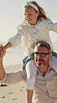 Family, dad and girl on shoulder at beach with smile, playful and bonding on vacation in summer. People, children and spin with connection, happy or holding hands for walk on holiday at seaside