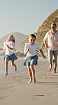 Dad, children and running at beach with smile on vacation, play and bonding for love in summer. Happy people, father and girl kids with fun, outdoor or excited at seaside with games on family holiday