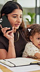 Phone call, baby and multitask with woman in home as freelancer, copywriter and virtual consulting. Communication, remote worker and workflow with person in house for time management and research