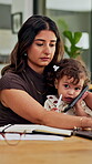 Laptop, baby and multitask with woman in home as freelancer, copywriter and virtual consulting. Project, remote worker and workflow with person in house for time management, typing and research