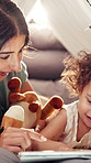 Home, mom and toddler with tablet, smile and bonding together with internet, relax and love. Family, apartment and tent with parent, mother and daughter with tech, laugh and happiness with teddy bear