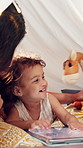Home, mother and toddler with toy, tablet and bonding together with internet, relax and love. Family, apartment and tent with parent, mom and daughter with tech, laugh and happiness with teddy bear