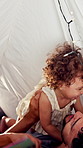 Home, father and child with playful, game and bonding together as family with happiness. Tent, dad and man with girl for airplane, childhood fun with relationship or development in blanket fort