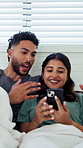 Phone, relax and couple on bed in home with funny meme, texting or social media on mobile app. Happy, laugh and man with woman on cellphone for chatting online together in apartment on weekend.