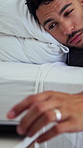 Man, phone and snooze with alarm in bed for rest, wake up and click on break, tired and pillow at house. Person, morning and mobile app with clock, alert or sound with notification at apartment
