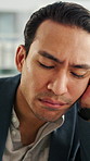 Tired, sleeping and business man in office with burnout for deadline, overworked and finance report. Corporate, exhausted and person with fatigue, sleepy and low energy for stress at financial agency