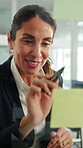 Meeting, planning and business woman by glass wall for discussion, finance strategy and agenda. Corporate, talking and person with sticky notes for investment, budget kpi and brainstorming in office