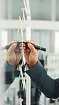 Thinking, sticky notes and business man by glass wall for planning, finance strategy and agenda. Corporate, financial agency and person writing for investment, budget and brainstorming in office