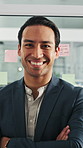 Happy, crossed arms and face of businessman in office with confidence for finance career growth. Glass wall, professional and portrait of male financial manager with pride for about us in workplace.