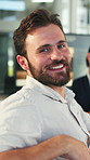 Happy, meeting and face of businessman in office with confidence for finance career growth. Smile, professional and portrait of male financial manager with pride for company about us in workplace.