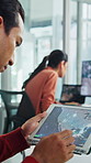 Tablet screen, computer and businessman in office with research for weather forecast with climate change. Digital technology, analysis and meteorologist with feedback on conservation project.