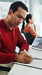 Tablet, documents and businessman in office with research for weather forecast with climate change. Digital technology, paperwork and meteorologist with feedback on conservation project in workplace.