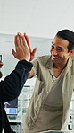 Happy, men and high five for wind turbine in office, achievement or celebration for renewable energy. Laughing, colleagues and people with smile for windmill success, sustainability and teamwork