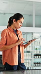 Office, tablet and woman with screen for windmill design for power, renewable energy and innovation. Computer, wind turbine and person on tech for eco friendly solution, sustainability and research