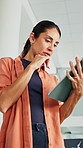 Thinking, office and woman on tablet for wind turbine design for power, renewable energy or planning. Brainstorming, windmill and person on tech for eco friendly solution, sustainability and research
