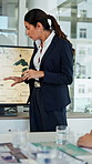 Business woman, presentation and map on screen for marketing geography, advertising and demographics. Global, meeting and team speaker with discussion, location campaign and target market in office