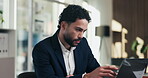 Reading, typing and business man on laptop for analysis, strategy or review in office. Professional, computer and broker or person with online information, report or email for growth research