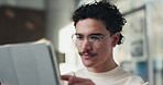 Reading, man or scroll on tablet in office for database management, market trends or solution. Review, happy analyst or digital app for equity research, problem solving or project proposal approval