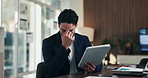 Man, tablet and frustrated with mistake at office with notes, crisis or worry at investment company. Person, tech and financial advisor with stress on application, notification or documents at agency