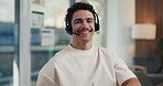 Call center, face and laugh in office with headset for communication, help desk or support. Happy man, agent and operator for customer service, contact us and telecom advice or virtual assistance