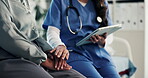 Healthcare, tablet and nurse with old person, holding hands and consultation in hospital or empathy. Clinic, medical professional and explaining diagnosis to elderly patient, talk and senior care