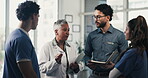 Doctors, staff and meeting with tablet for medical planning, advice and support in hospital. Healthcare team, people and discussion with digital tech, administrator and report for clinic results