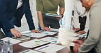 Paperwork, hands or business people in meeting with data analysis, writing idea or tablet for planning. Team, collaboration and strategy in office with documents, tech or graphs for statistics notes.
