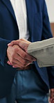 Business, negotiation or hands in workplace with handshake, greeting or collaboration in b2b deal. Networking, people or employees in agency with applause, agreement or opportunity for partnership.
