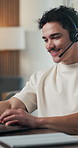 Man, headset and talk with laptop at office for trading, contact us and smile at finance agency. Person, virtual consultant or advisor with typing, computer and voip microphone at investment company