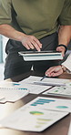 Data analysis, tablet or hands in office with paper, planning or budget strategy for revenue growth. Stats, people or finance team with tech, problem solving or performance review in risk assessment.