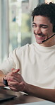Call center, clap or man in office with headset, deal close or good news in customer outreach. Happy, mic or sales agent with laptop, target achievement or lead generation success with telemarketing.