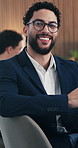 Business, face or man in boardroom with laugh, pride or ambition as investment advisor. Happy, meeting or financial director in office with portrait, confidence or about us in risk management.