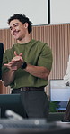 Man, team and celebration with applause at office meeting for goals, promotion or support for success. Business people, happy and clapping hands with group, excited and motivation at creative agency