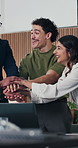 People, team and celebration with stack of hands at office meeting for goals, applause or support at company. Group, excited and achievement with success, happy and motivation at financial agency