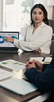 Woman, presentation and laptop at office meeting with charts, insight or stats at finance company. Person, speaker and screen in boardroom for pitch, feedback and problem solving at investment agency