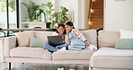 Children, sister and laugh with laptop on sofa for bonding, funny video and relax with streaming in home. Kids, girl and happy with film, subscription and computer in living room at family house