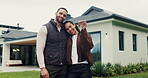 Garden, face and couple with keys by new house, mortgage loan or investment success for real estate. Portrait, outdoor or people with smile for residence ownership, support or property for dream home