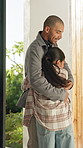 Goodbye, door and businessman with kid in home for farewell, affection or hug for work. Playing, parent and dad in house for leaving, farewell and bonding together with girl, care and love or embrace