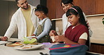 Sandwich, happy and family packing lunch in kitchen at home with bonding, care and preparing in morning. Smile, nutrition and children helping parents with food for school meal and snack in house.