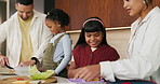 Cooking, happy and family packing lunch in kitchen at home with bonding, care and preparing in morning. Smile, nutrition and children helping parents with food for school meal and snack in house.