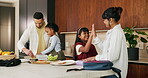 Home, mom and high five with child, morning routine and packing lunchbox with parents or achievement. Family, happy people and helping kids with healthy food, celebration and getting ready for school