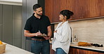 Clipboard, discussion and plumber with woman in kitchen with planning for maintenance or repairs. Checklist, conversation and contractor with female customer for renovation in home with service.