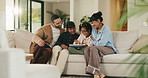 Relax, parents and children with tablet on couch, comedy cartoon and streaming subscription for movie. Watch show, laugh and happy people with girls for weekend break, family fun and bonding in home